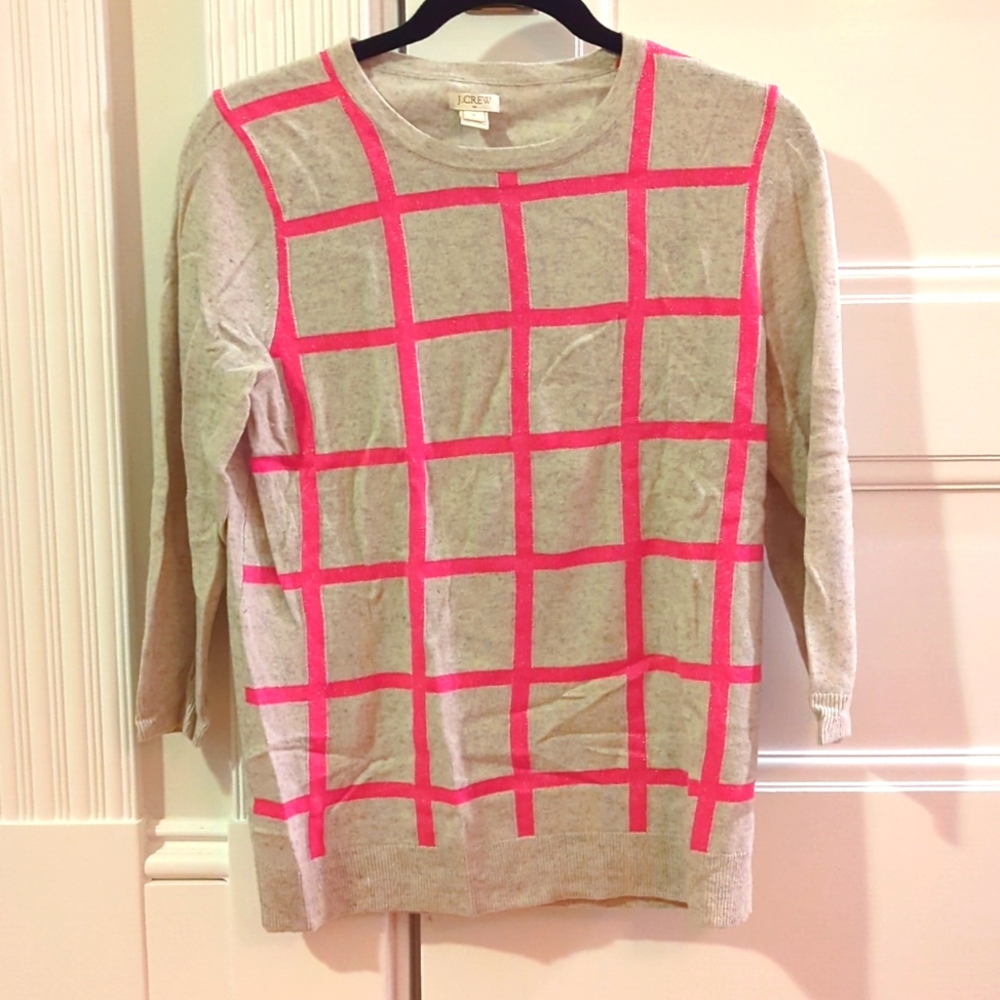 JCrew pink metallic plaid sweater size Small